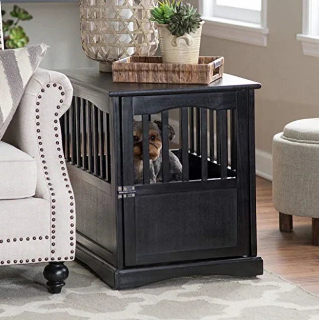 crate serves as a nightstand, table, and pet house