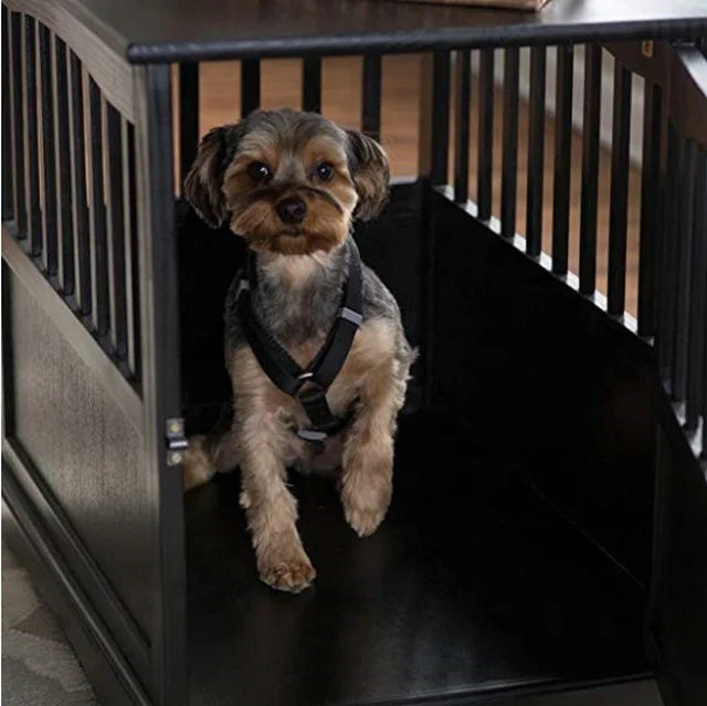 crate serves as a nightstand, table, and pet house