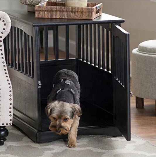 crate serves as a nightstand, table, and pet house