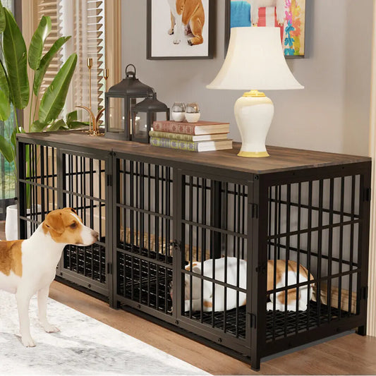 Dog crate doubles as an end table and has three doors and a removable tray.