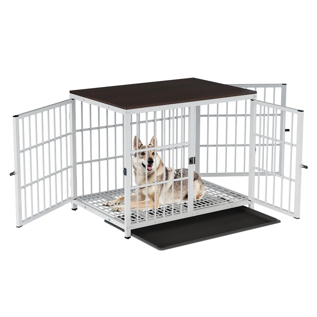 Dog Crate Furniture White Pet Kennel Black Cage End Table with Three Doors and Removable Tray, for Small Medium Large Dogs