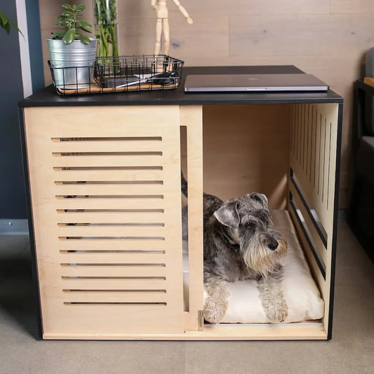 Modern Wood Dog Crate With Acrylic Sliding Door & Mat for Indoor Slumber